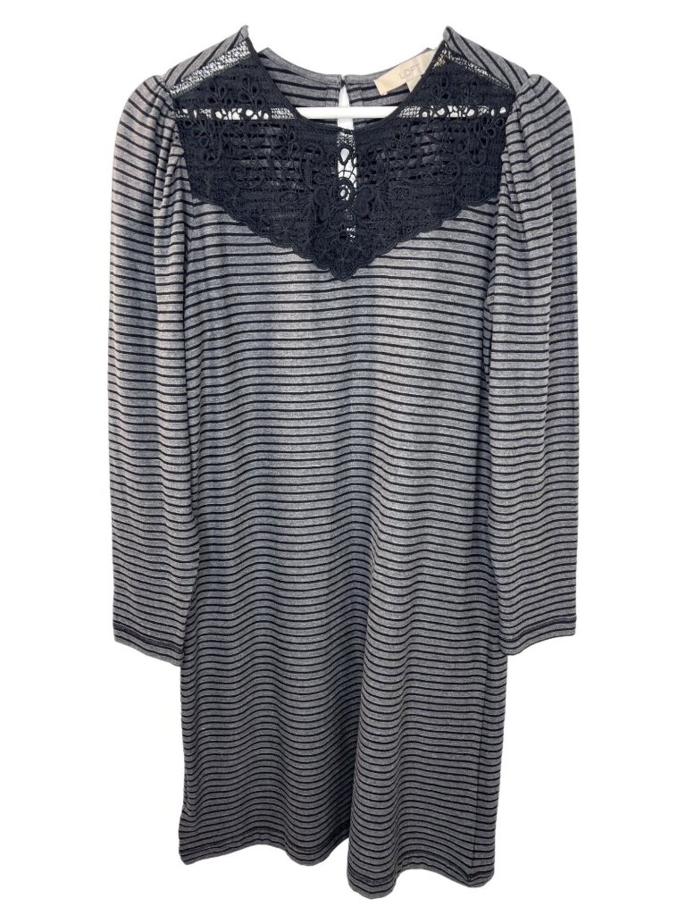 LOFT Women's Gray Striped Mini Dress XS Long Sleeve Lace Yoke